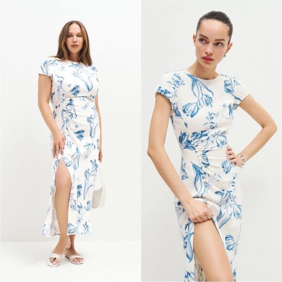 Reformation Frasier Short Sleeve Midi Dress in Lisse White Blue NEW $248 - Picture 3 of 6